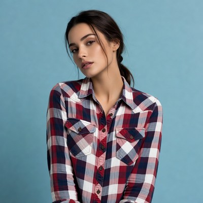 Woman in plaid shirt on blue background