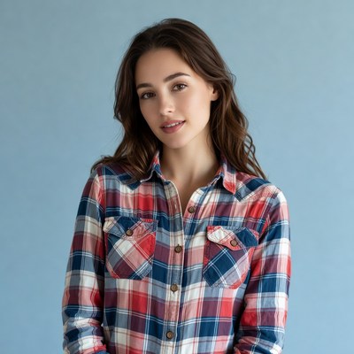 Woman in plaid shirt smiling
