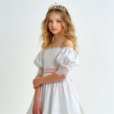 Girl in white lace dress with tiara