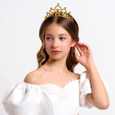 Girl wearing gold crown in white dress
