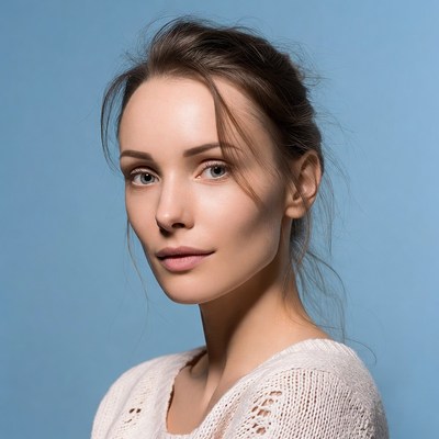 Woman with brown hair on blue background