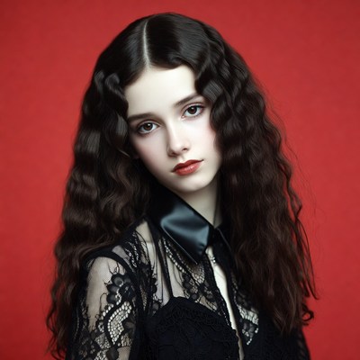 Woman with wavy black hair on red background