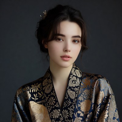 Woman in gold floral kimono