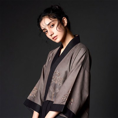 Asian woman in gray kimono
