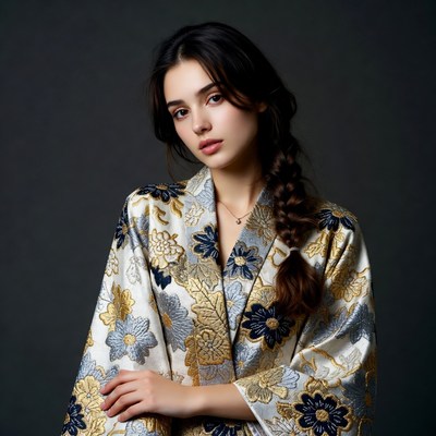 Woman in gold floral kimono