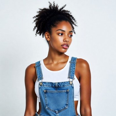 African-American woman in denim overalls