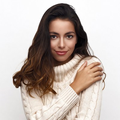 Smiling woman in white turtleneck sweater