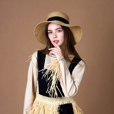 Woman in straw hat and fringed dress