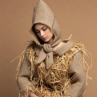 Woman in burlap straw hood costume