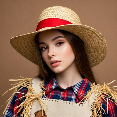 Girl in straw hat and scarecrow outfit