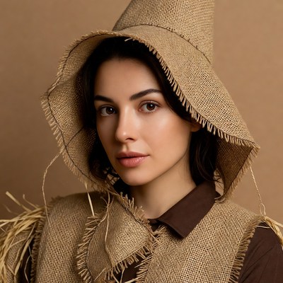 Woman wearing burlap witch hat