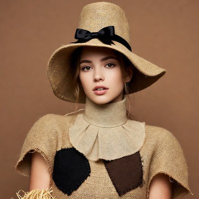 Woman in straw hat and burlap dress