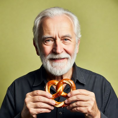 Elderly man holding pretzel