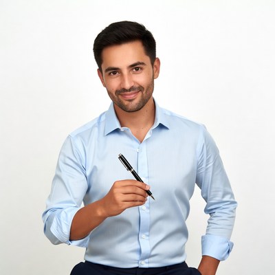 Man holding pen in blue shirt