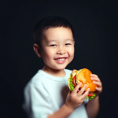 Asian boy holding burger