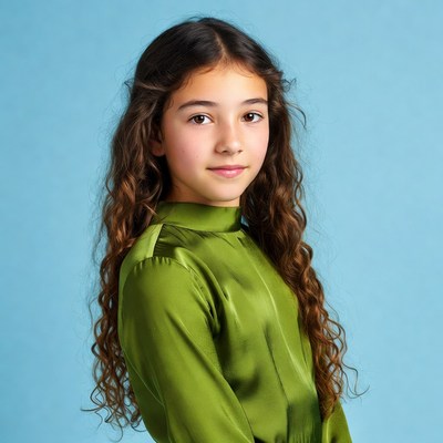 Girl in green dress on blue background
