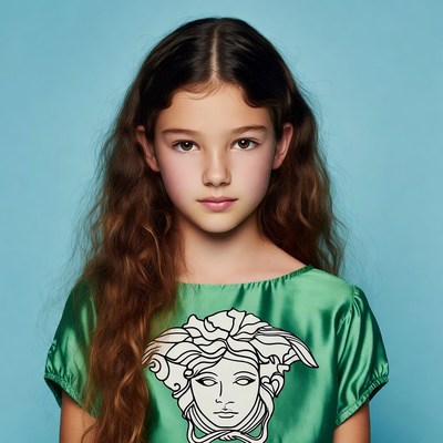 Girl in green Versace Medusa shirt