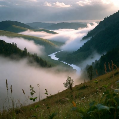 Mountain Valley with River and Fog