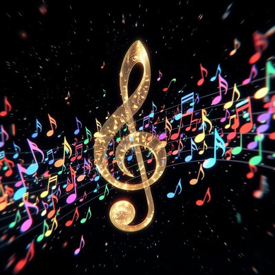 Golden Treble Clef with Colorful Notes
