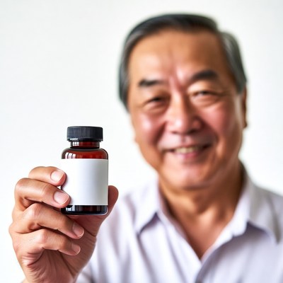Asian senior man holding supplement bottle