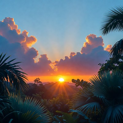 Sunset Through Tropical Palm Fronds