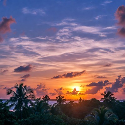 Sunset over palm trees and ocean
