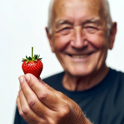 Elderly man holding strawberry