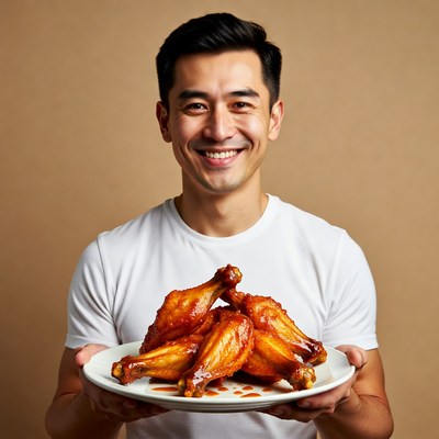 Asian man holding fried chicken wings