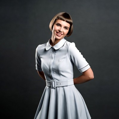 Smiling woman in white collar dress