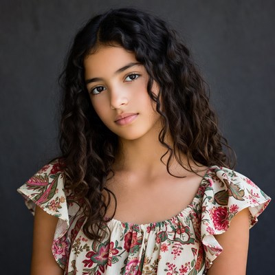 Girl with curly hair in floral top