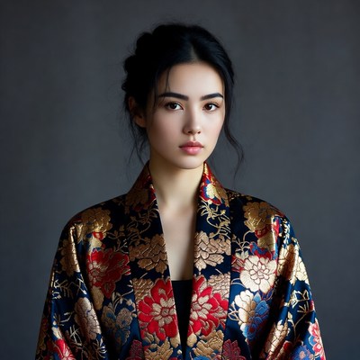 Asian woman in gold floral kimono