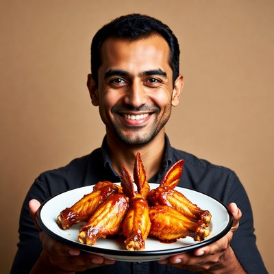 Man holding plate of chicken wings