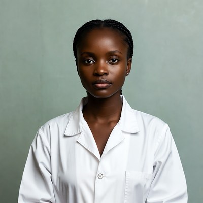 African woman in white lab coat