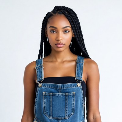 African-American woman in denim overalls
