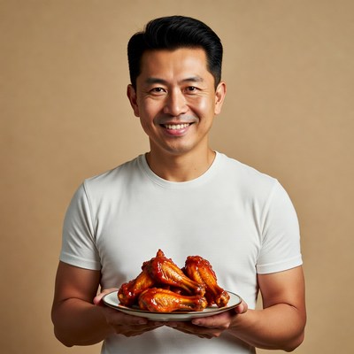 Asian man holding chicken wings