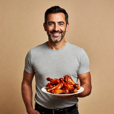 Man holding plate of chicken wings