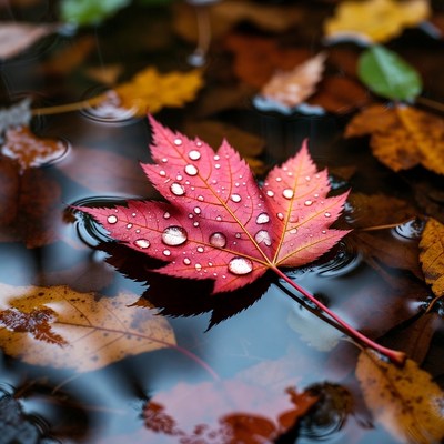 Red Maple Leaf with Dewdrops in Water