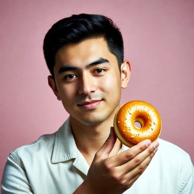 Asian man holding glazed donut