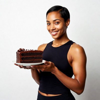 African-American woman holding chocolate cake