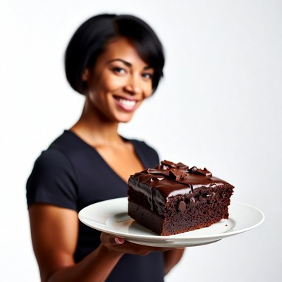 African-American woman holding chocolate cake