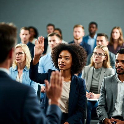 African-American woman raising hand in meeting