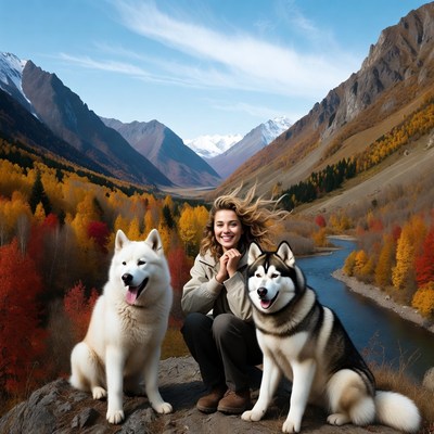 Woman with Two Huskies in Autumn Mountains