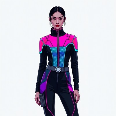 Asian woman in futuristic pink suit