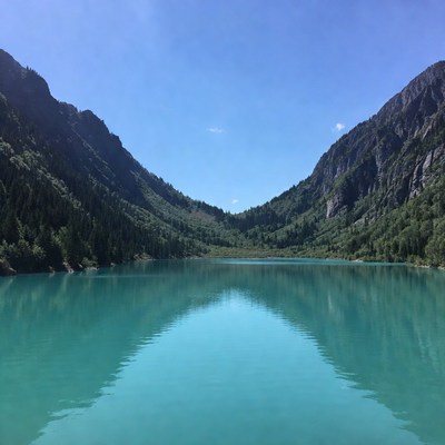 Turquoise lake between mountains