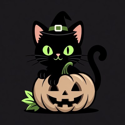 Black cat witch hat on pumpkin