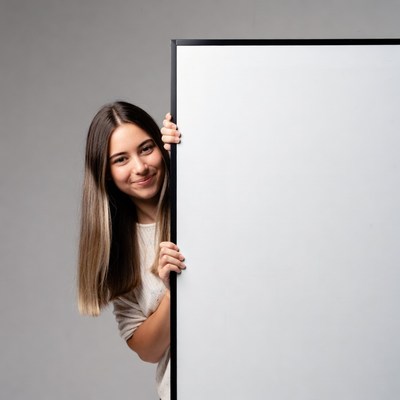 Smiling girl peeking from blank sign