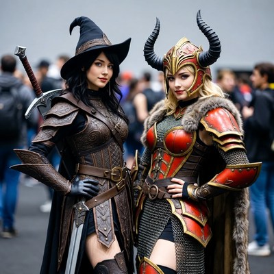 Two women in witch and warrior cosplay