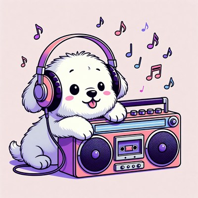 Cute white puppy with headphones on boombox