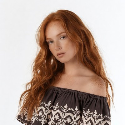 Redhead woman in off-shoulder top