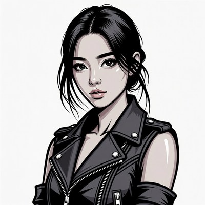 Asian woman in leather jacket